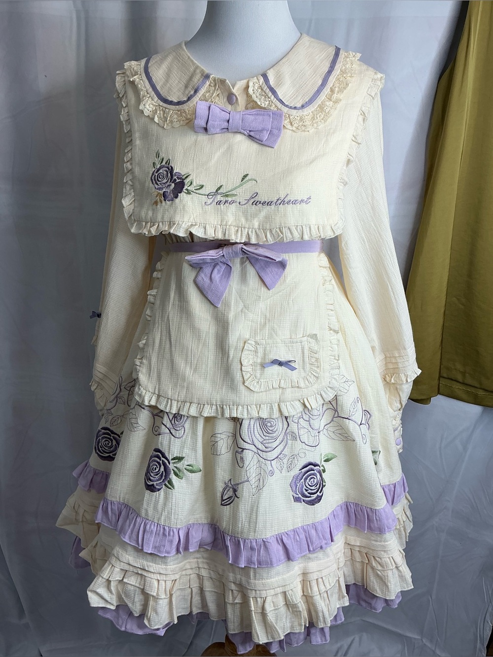 2253 - Cream & Lavender Ruffle Dress with Rose Embroidery(Crinoline not Included
